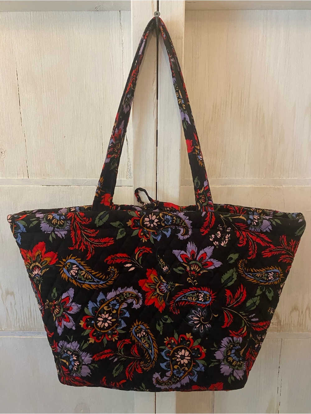 Vera Bradley Black Quilted Paisley Floral Tote with Red, Purple & Green Accents